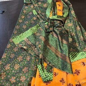 Green Floral Maxi Wrap Skirt with Orange Accent